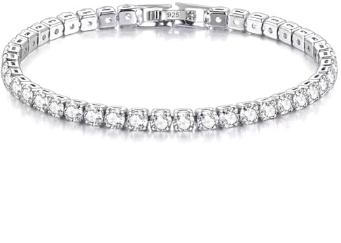 Platinum Plated | Rose Gold Plated | Gold Plated Tennis Bracelet with 925 Sterling Silver Clasp | Sparkling Square 4mm Cubic Zirconia Crystals | For Women Bridal | Gift Boxed (Platinum Plated, 20cm)