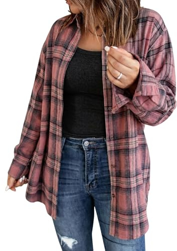Fisoew Blusas de franela a cuadros de manga larga para mujer Chaquetas con botones Camisas casuales de manga larga, Rosa., XXL