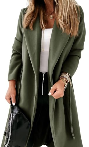 Cicy Bell Veste longue classique à col à revers cranté pour femme avec ceinture ouverte sur le devant, vert militaire, L