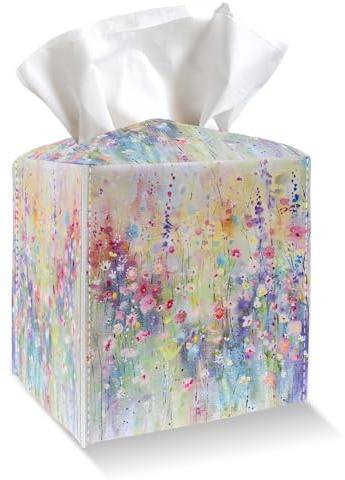 Coloful Flowers Tissue Box Cover, Square Tissue Box Holder with Bottom Belt, PU Leather Decorative Facial Paper Organizer for Table Top, Bathroom, Car, Office-010