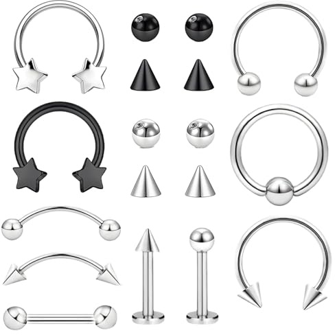 aieieii 10 PCS Septum Piercing Jewellery Set, Horseshoe Nose Ring Nose Piercing Jewellery with 8 Replacement Piercings Balls, Black Silver Septum Jewellerys Eyebrow Lip Rings for Women Men
