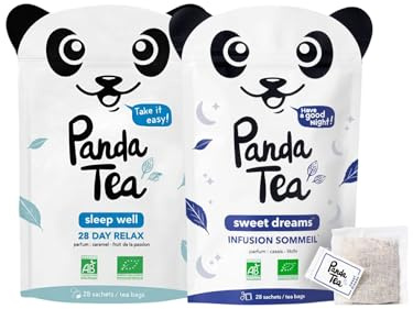 Panda Tea – Duo Sleep Well & Sweet Dreams – Tisane Sommeil – Sommeil Profond & Reparateur – 2x28 Sachets Coton Bio – Bien etre & Nuits Apaisées – Rooibos, Plantes & Fleurs Bio