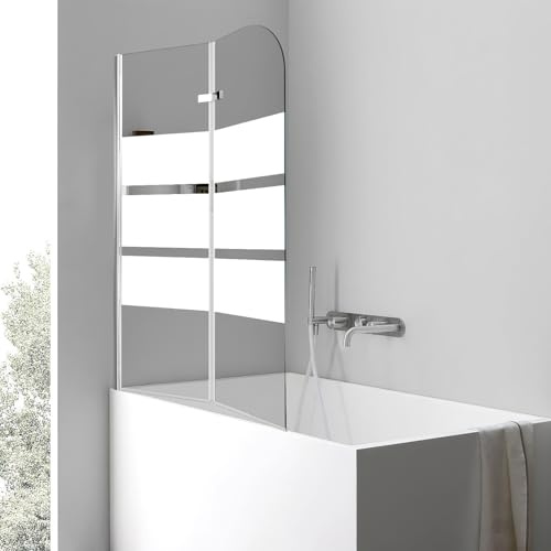 Peviasot Parete doccia per vasca da bagno 100 x 140 cm, 2 pezzi, pieghevole, in vetro di sicurezza monolocale da 6 mm, con strisce bianche, paraspruzzi salvaspazio per il bagno