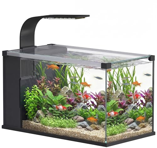 PawHut Acquario in Vetro Temperato 24L, Acquario Completo Piccolo Trasparente con Filtro Integrato, Luce LED e Pompa dell'Acqua per Pesci Tropicali, Pesci Rossi, Casa, Ufficio, 45x25x25.5 cm, Nero