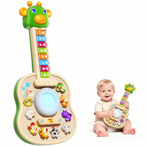 Instrument de Musique Enfant Jouet Bébé 6-9-18 Mois,Piano Bébé avec Lumières LED et Sons d'animaux,Jouet Montessori 1 2 3 Ans,Jouets d'Éveil Cadeau Garçon 1-3 Ans Guitare