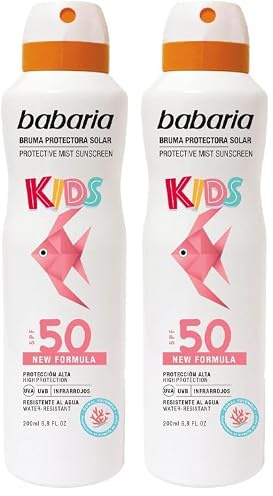 Babaria - Bruma Protectora Solar Infantil SPF50 UVA-UVB e Infrarrojos, Propiedades Hidratantes, Contiene Aloe Vera, Resistente al Agua, Vegano, Unisex - 200 ml (Paquete de 2)