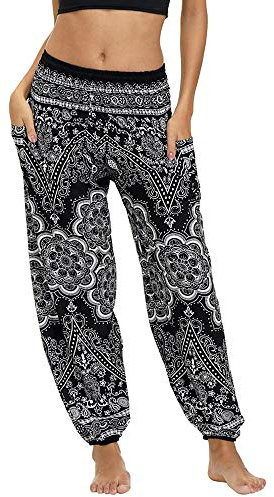 Nuofengkudu Mujer Pantalones Hippies Tailandeses Estampado Verano Cintura Alta Elastica con Bolsillos para Yoga Pants Casual (Flor Negra,Talla única)