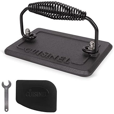 Cuisinel Grill Press - Cast Iron Burger Press for Bacon, Steak & Hamburgers - 6.75 x 4.5 Rectangular Pre-Seasoned 2.8-lb. Weight Sandwich Maker - Griddle, BBQ Accessory - Comfort-Grip Handle