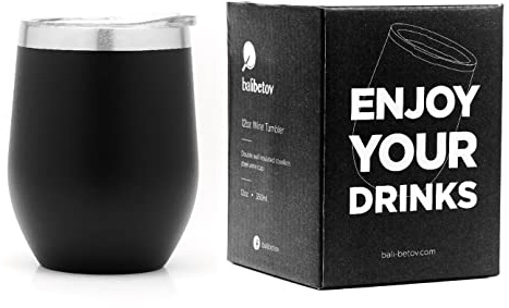 Balibetov Vaso Termo para Vino con Tapa (355ml) - Taza Térmica para Llevar Café, Té, Cerveza y Más - para Frío y Calor (Negro)