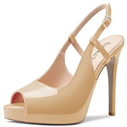 Saekcted Femmes Haut High Aiguille Plate-forme Talon Heel Ouvert Bout Slingback Sandales Mariage Dress Lanières Cheville Escarpins 12 CM Heels Beige 45 EU