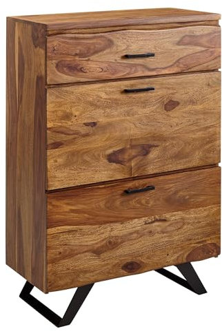 FineBuy Kommode 80x120x41,5 cm Sheesham Massivholz/Metall Flurkommode, Sideboard Highboard mit Baumkante, Kommodenschrank Holz Modern, Standschrank Anrichte Schubladenkommode