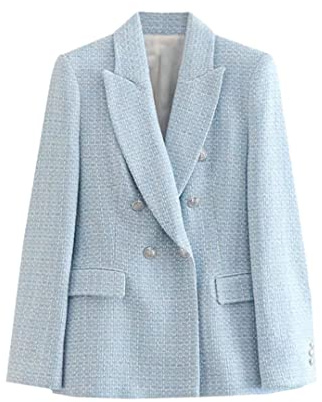 Spring - Blazer de tweed sólido con doble botonadura para mujer, manga larga, bolsillos, ropa de abrigo, azul celeste, 36