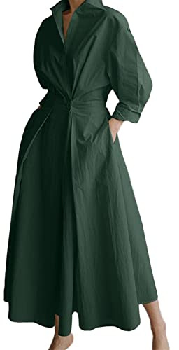 GUOCU Abito a Camicia da Donna Elegante Vestito a Maniche Lunghe Abito Casual Lungo Tunica Vestito Camicia Tinta Unita Abito Lungo con Risvolto da Spiaggia Allentato per Primavera Autunno Verde S