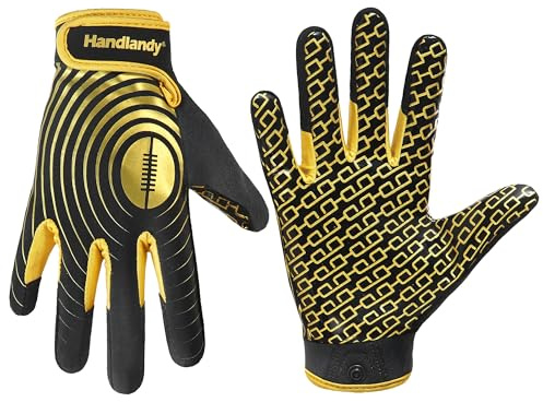 HANDLANDY Youth Football Gloves, Sticky Wide Receiver Gloves for Kids, White and Gold Stretch Fit Football Glove (Black and Gold, Medium)
