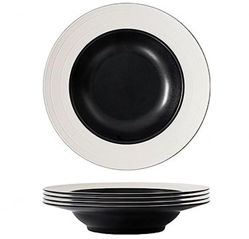 NGDECOR Set 4 Piatti Fondi Tondi in Porcellana, Scodelle per Pasta da 9 Pollici, Piatto per Bistecca, Ciotole da Minestra Profonde Classiche Bianche e Nere, Ciotole con Bordo in Ceramica,Small