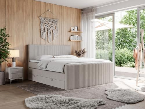 MKS MEBLE King Boxspringbett 200x200 Mit Bettkasten, Polsterbett Mit Multipocket-Matratze H3, Kopfteil und Topper - Beige Struktur - Doren