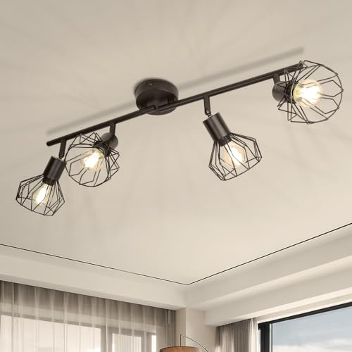 CANMEIJIA Industrial Ceiling Lights, 4 Way Black Track Lighting with Rotatable Wire Cage, Adjustable Retro Kitchen Ceiling Lights for Living Room Dining Room, E14 Base (No Bulbs)