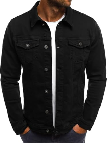 amropi Mens Denim Jacket Button Down Casual Outerwear Jean Jackets Black, L