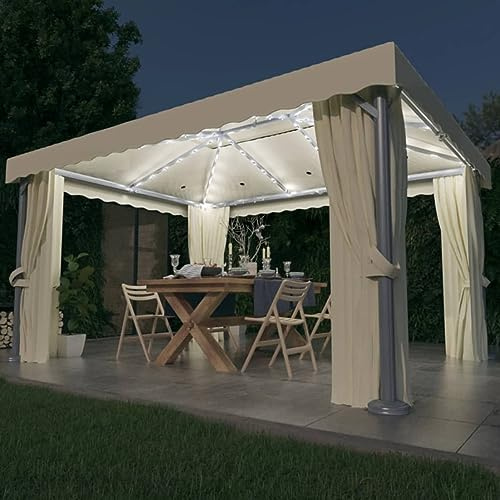 Gecheer Cenador con cortinas y cadena de luces LED, 4 x 3 m, color blanco crema, cenador de exterior, toldo, pérgola con tela, pabellón de jardín, carpa para fiestas, cenador para barbacoa, A3070353