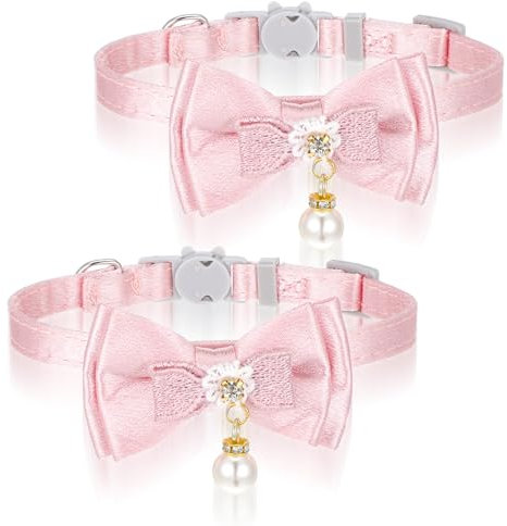 Tucnoeu 2PCS Halsband Katze mit Fliege und Perlen, Verstellbare Katzen Halsbänder Weiches und Langlebiges Cat Collar für Kleine Haustiere (Pink, 20-30cm)
