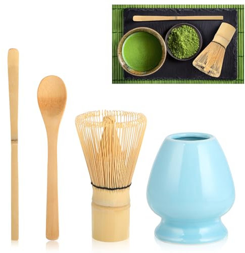 Matcha Kit - Set Fouets à Matcha 4 Pièces, Fouet Matcha, Bol Matcha, Support Chasen et Cuillère Matcha - Accessoires Matcha pour la Cérémonie du Thé (Bleu (Sans Bol))