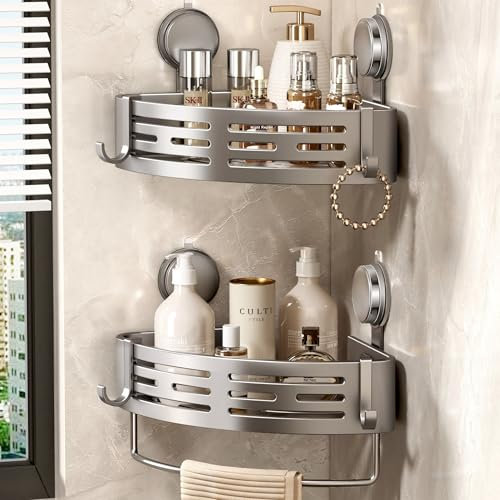 Voldra Corner Shower Caddy Suction Cup, Shower Shelf Coner No Drilling Bathroom Coner Shelves Suction Shower Organiser Rack Adhesive Corner Caddy with Towel Bar Wall Mounted(2-Pack, Grey)