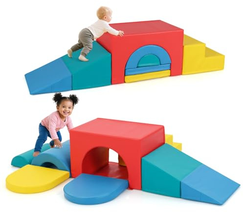 COSTWAY Set di 7 Blocchi da Arrampicata e Strisciamento per Bambini da 1 Anno in Su, Set di Costruzioni in Schiuma da Interno per Bambini a Arrampicarsi, Strisciare e Scivolare (Rosso)