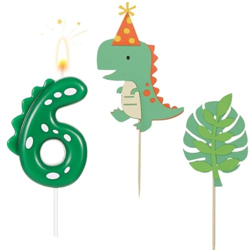 Velas Cumpleaños 6 Años Dinosaurio, Vela Número 6 con 2 Piezas Cake Topper Dinosaurios, Decoración Tarta Cumpleaños Original para Niños Niñas y Adultos, Suministros para Celebración de Cumpleaños