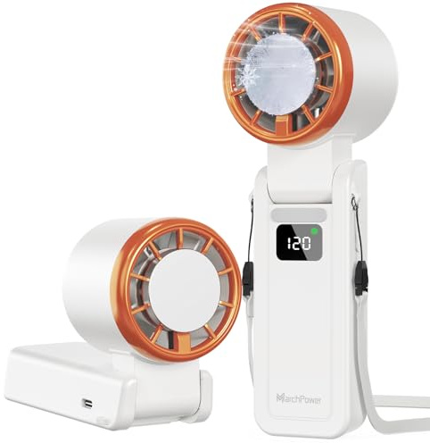 Marchpower Mini Ventilatore Portatile, 120 Livelli di Velocità Ventilatore da Tavolo Silenzioso USB Ricaricabile Pieghevole con Funzione di Raffreddamento a Ghiaccio per Casa Ufficio Esterno - Bianco