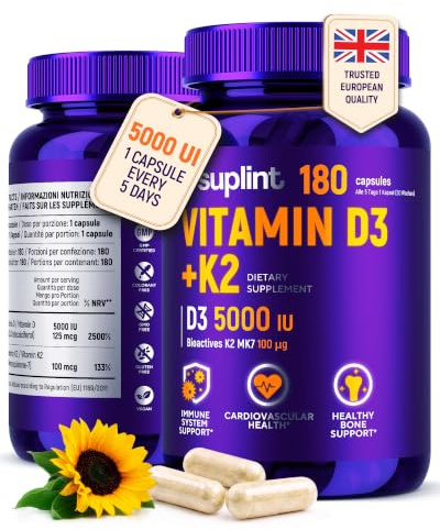 Vitamina D3 y K2 Alta Dosis 5000 UI – 180 Cápsulas