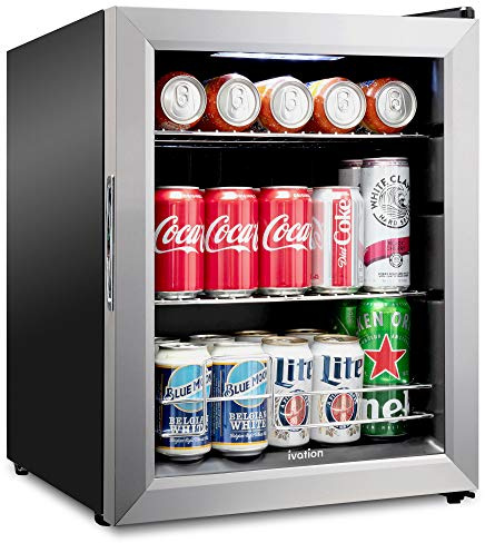 Ivation 62 Can Beverage Refrigerator, Freestanding Ultra Cool Mini Fridge, Beer, Cocktails, Soda, Juice Cooler for Home & Office, Reversible Glass Door & Adjustable Shelving - Stainless Steel
