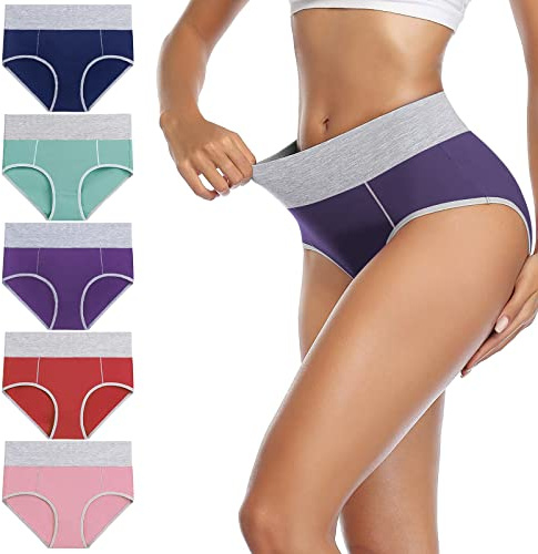 YaShaer - Mutande da donna, in cotone, a vita alta, in confezione multipla Multicolore, confezione da 5 pezzi L