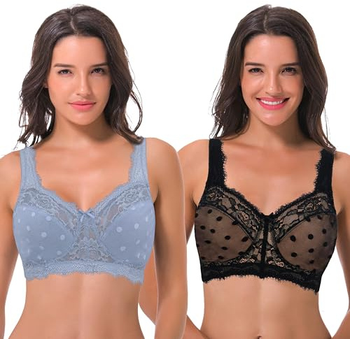 Curve Muse Femmes Grande Taille Minimiseur Dentelle Couvrance Totale Non-doublé Soutien-Gorge sans Fil-Paquet de 2-Noir,Bleu Lt-90F/EU 75F