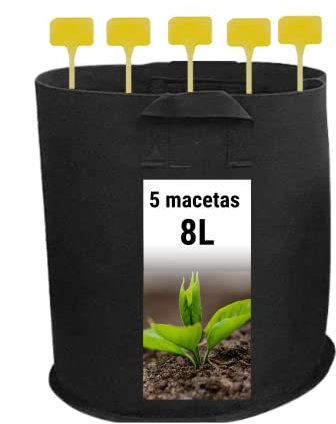 GROWMANIA 5 Bolsas de Cultivo de Tela Negra con Asas - Macetas de 8L de Capacidad para Plantas y Flores Redonda + Etiqueta de Regalo