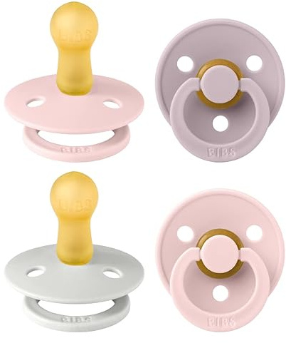 BIBS Colour Dummy, 6-18 Months, 4-Pack, Blossom/Dusky Lilac/Haze | Natural Rubber Latex | Size 2 | BPA-Free | Made in Denmark | High Teat Acceptance | Airflow Holes | Comfort Shield