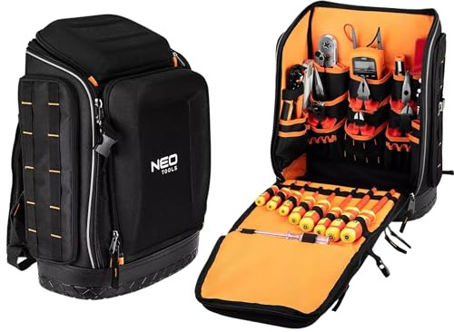 NEO TOOLS Werkzeugtasche für Elektriker, 31-teilig, Werkzeugtasche für Elektriker, 26 Taschen, Mobiles und langlebiges Elektrowerkzeugset im Rucksack, 01-313