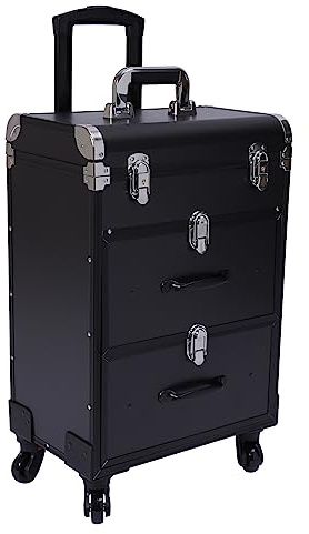 Maletín de cosméticos con ruedas, de aluminio, con cerraduras, estuche de maquillaje, organizador para viajes, arte de uñas, peinado, maquillaje, 36 x 23 x 58 cm, Negro , Retro