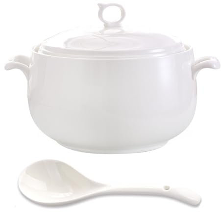 Gaxcent Weiße Keramik Terrine,Suppenterrine mit Deckel 3-Liter-ServierterrineMit Großem Fassungsvermögen Und Doppelgriffen Für Küche, Mikrowellen- Und Spülmaschinenfes,Weiß