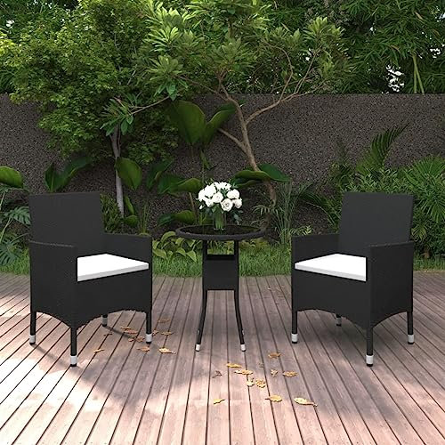 KATERYY 3-TLG. Garten-Essgruppe Poly Rattan Schwarz,GartenmöbelSet aus PolyRattan mit Esstisch aus Glas und bequemen Loungesesseln