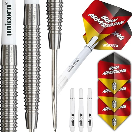Unicorn Darts Set Global | Irina 'Ice Baby' Armstrong | 90 % naturliga volframtunnor med intrikat bearbetade greppringar | hållbara fantastiska ultraflighetsflygningar | stålspets spänningspunkter |