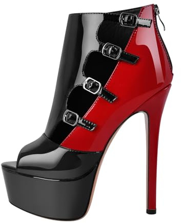 Meinabsatz Damen Peeptoe Stiefeletten Plateau Stiletto Ankle Boots Zweifarbig Schwarz Rot Lackstiefel mit Schnallen 37 EU