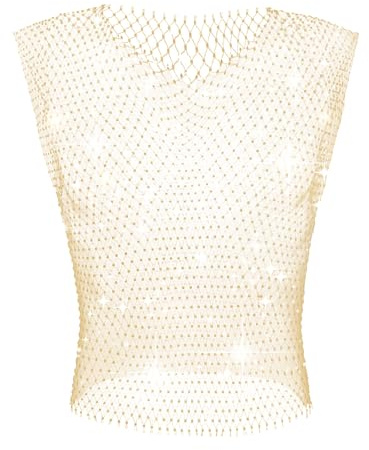 GENEMEN Mens Mesh Rhinestone Tops V-Neck Fishnet Tank Top Sexy Sleeveless Cropped Shirt Rave Sheer Vests (Gold, M)