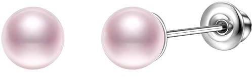 5 MM Pink Pearl Stud Earrings 1 Pair Silver Hypoallergenic Stainless Steel Trendy Jewelry Nickel Free for Sensitive Ears Women Ladies Aretes De Perlas Para Mujer