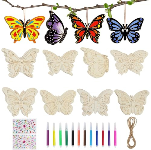 FALSKT 24 Pièces Papillons en Bois pour Bricolage, 8 Styles Papillon Decoration Planche Bois avec 12 Crayons Aquarelle Corde de Chanvre et 2 Autocollants pour Cadeau Fête Anniversaire Peinture