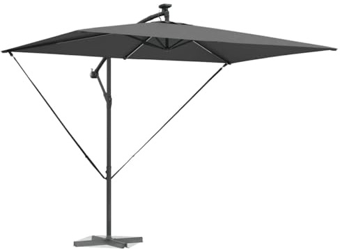 vidaXL Parasol bananier déporté en Anthracite, en Acier avec revêtement en Poudre, Dimensions 294 x 200 x 254 cm, résistant au Vent, alimenté par Solaire, avec des LEDs réglables, Parfait pour l'ombr