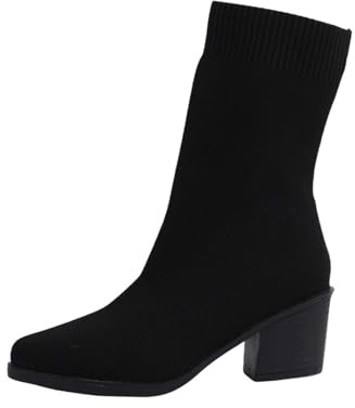 Stiefeletten Damen Mit Absatz Schwarz, Hohe Stiefel Damen Gestrickte Winterstiefel Spitzsocken Schlupfstiefeletten Gefüttert Damenstiefel Warm Schlupfstiefel High Heels Strick Stiefelette