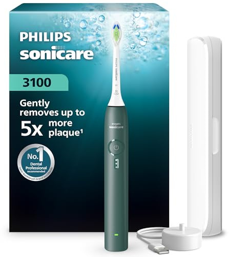 Philips Sonicare Series 3100 Elektrische Zahnbürste - Schallzahnbürste mit Drucksensor, 3 Intensitätsstufen, EasyStart, SmarTimer, 14 Tage Laufzeit, Reiseetui, Dunkelgrün, HX4033/26, [Neu]