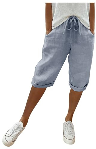 Pantalones Cortos Algodón y Lino Mujer Verano Bermudasdeporte Holgados hasta la Rodilla Cintura Alta Elástiica de Pierna Rectos Cómodo Transpirable Suelto Elegante Playa