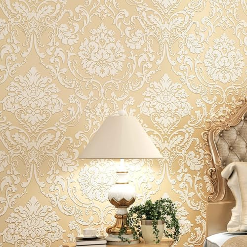 9.5X0.53M 3D Vintage Victorian 5 Colors Luxury Damask Embossed Flock Textured Non-Woven Wallpaper Roll for Bedroom Livingroom 1.73' W x 31.2' L=5.035㎡ (54sq.ft) (Beige)