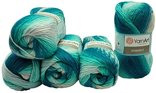 5 x 100 g YarnArt Ambiance Strickwolle mehrfarbig mit Farbverlauf, 500 Gramm Strickgarn mit 20% Wolle-Anteil (dunkelgrün türkis weiß 155)